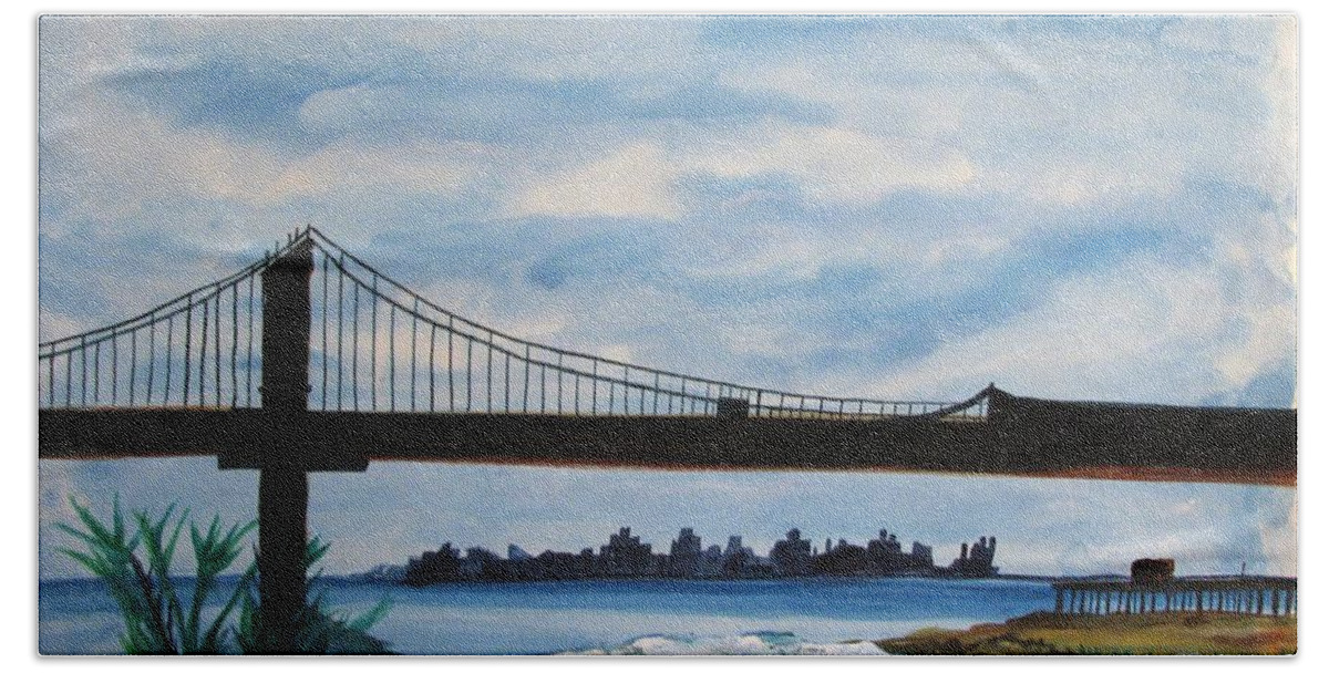 Beach Scene Hand Towel featuring the painting Bridge to Europe by Patricia Arroyo