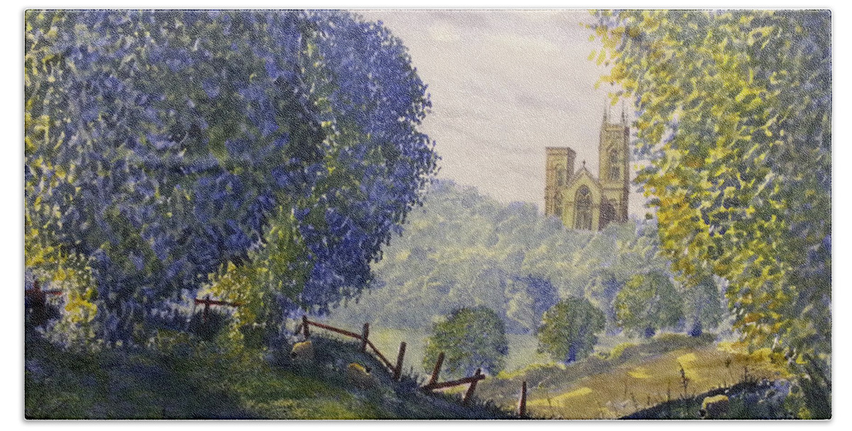 Glenn Marshall Yorkshire Artist Bath Towel featuring the painting Bridlington Priory from Woldgate on the Hockney Trail by Glenn Marshall