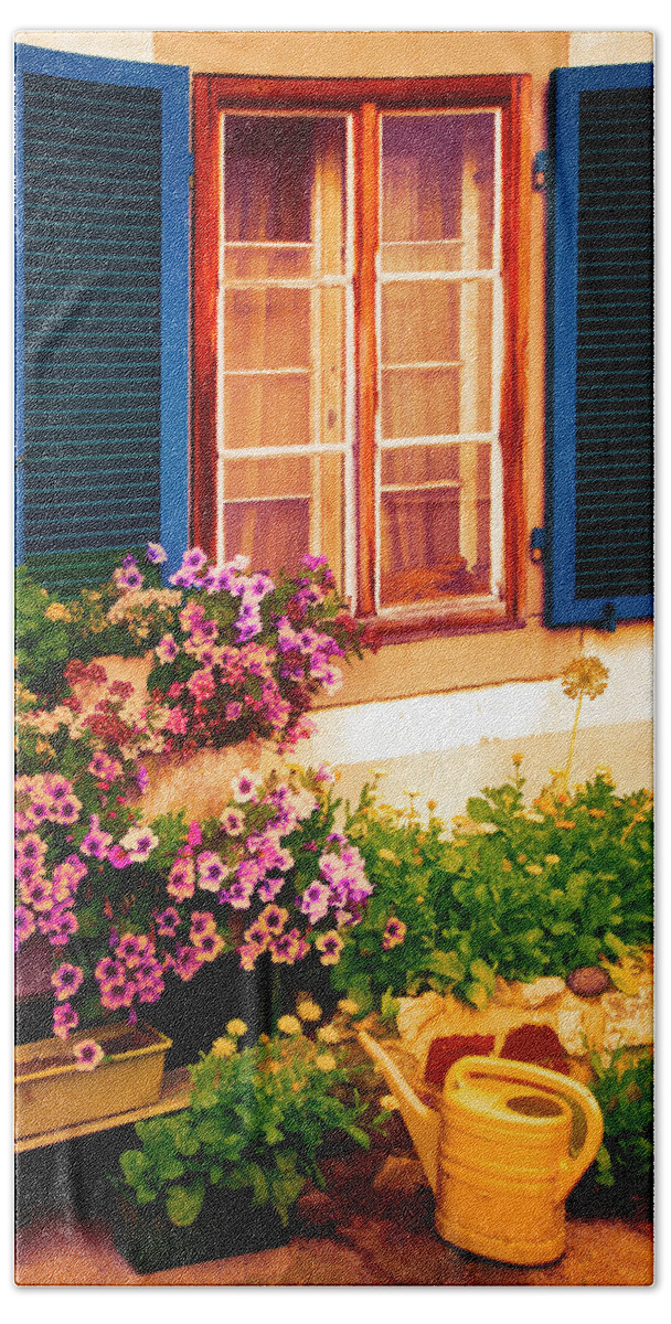 Austria Bath Towel featuring the photograph Bright Blue Shutters in the Garden by Debra and Dave Vanderlaan