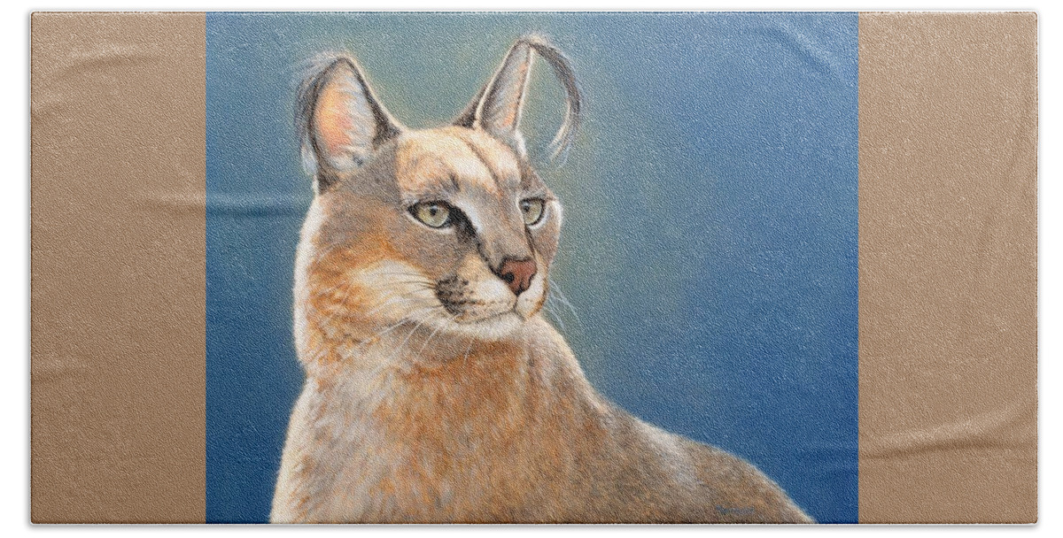 Caracal Bath Towel featuring the painting Bright Eyes - Caracal by Linda Merchant