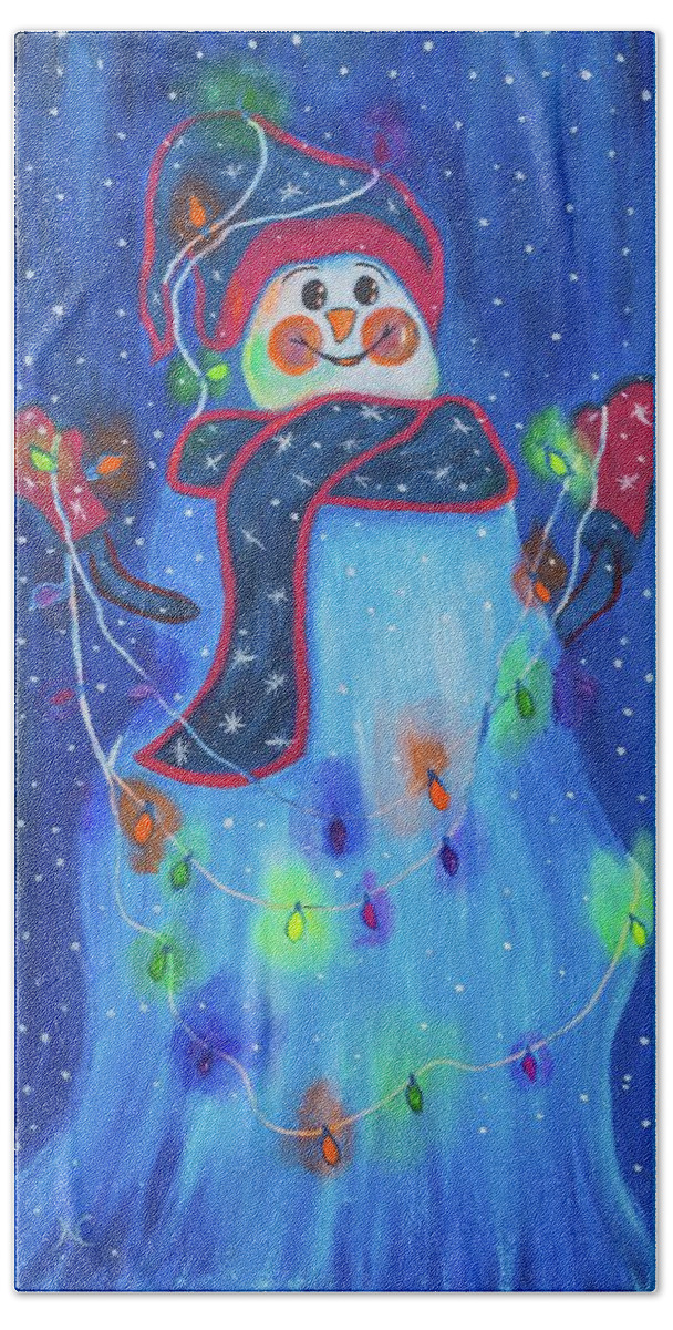 Snowman Hand Towel featuring the painting Bright Light Snowman by Neslihan Ergul Colley