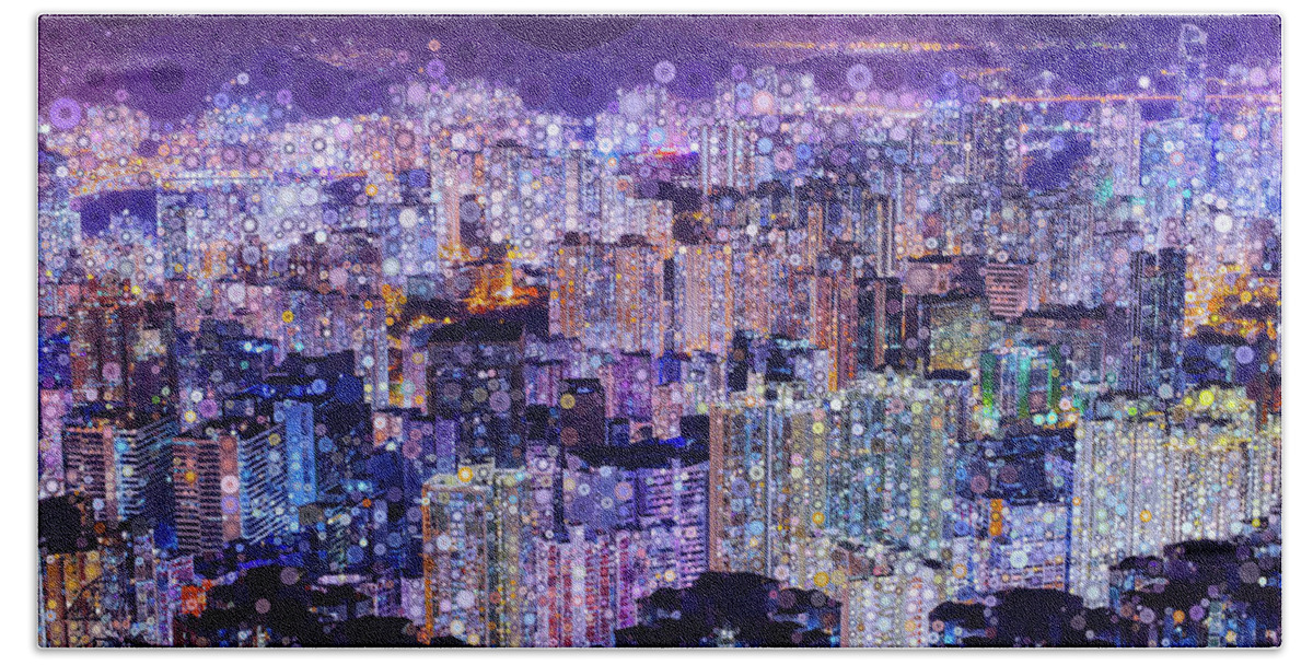 Hong Kong Hand Towel featuring the mixed media Bright Lights, Big City by Susan Maxwell Schmidt