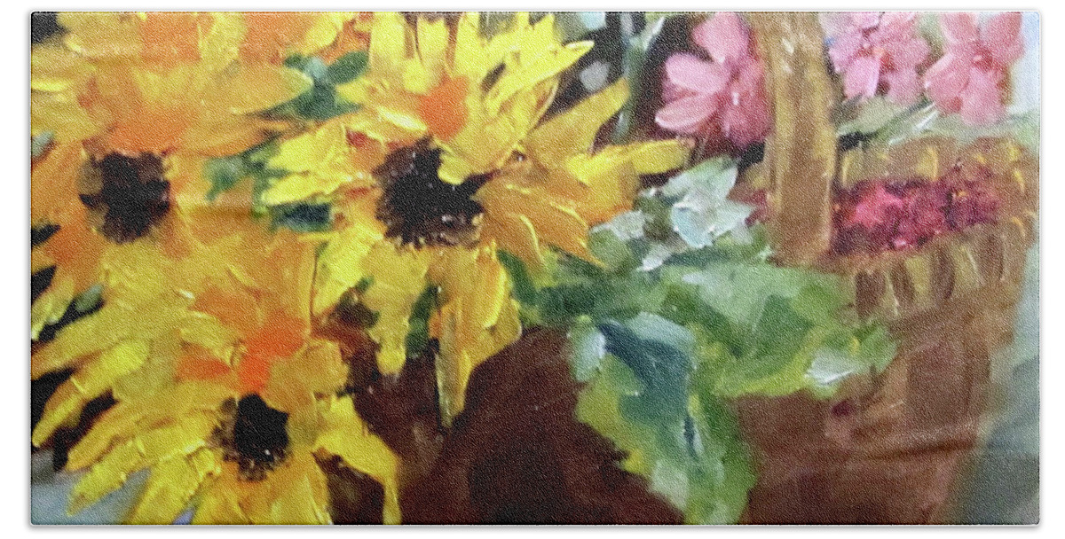 Sunflowers Hand Towel featuring the painting Bringing In The Sunshine by Adele Bower