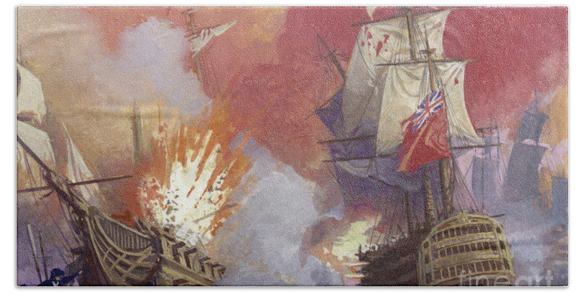 History Hand Towel featuring the painting British naval battle with the French during the Napoleonic wars by Severino Baraldi