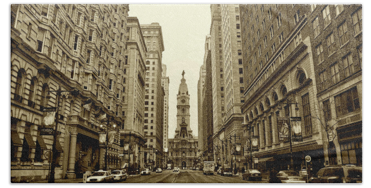 Broad Street Hand Towel featuring the photograph Broad Street Facing Philadelphia City Hall in Sepia by Bill Cannon