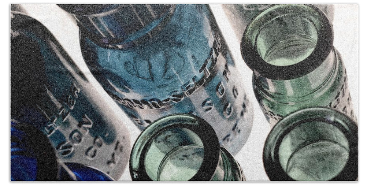 Bromo Seltzer Vintage Glass Bottles Bath Towel featuring the photograph Bromo Seltzer Vintage Glass Bottles - Rare Green and Blue by Marianna Mills