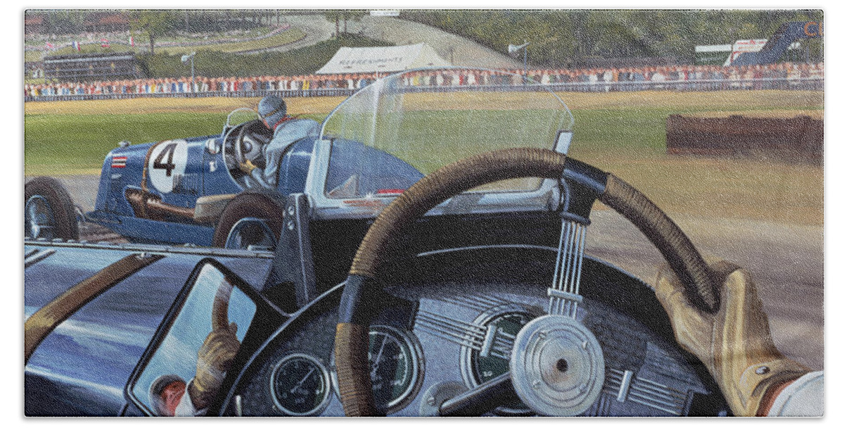 Brooklands - From The Hot Seat (w/c And Gouache On Paper) Racing; Car; Driver; Wheel; Track; Circuit; Race; Vintage; Thirties Hand Towel featuring the painting Brooklands From the Hot Seat by Richard Wheatland