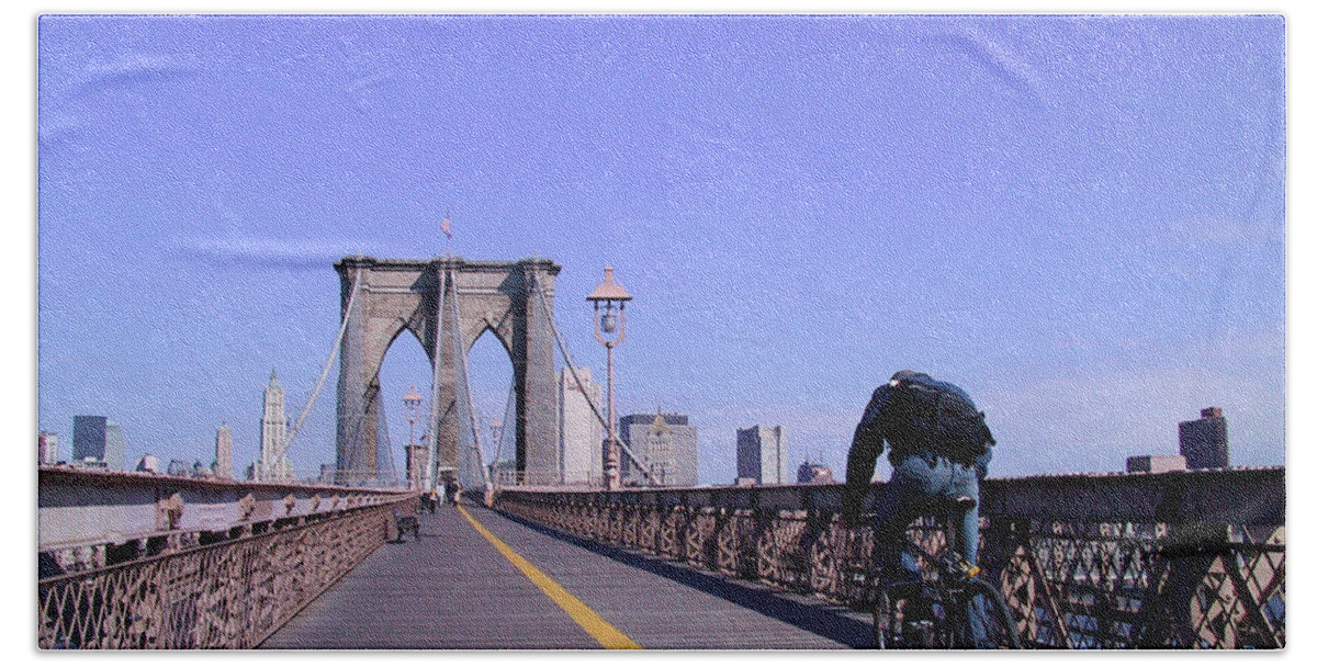 New York Hand Towel featuring the photograph Brooklyn Bridge Bicyclist by Frank DiMarco