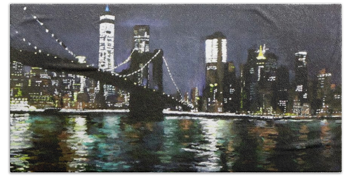 Brooklyn Bridge Hand Towel featuring the painting Brooklyn Bridge, East River at Night by Jack Skinner