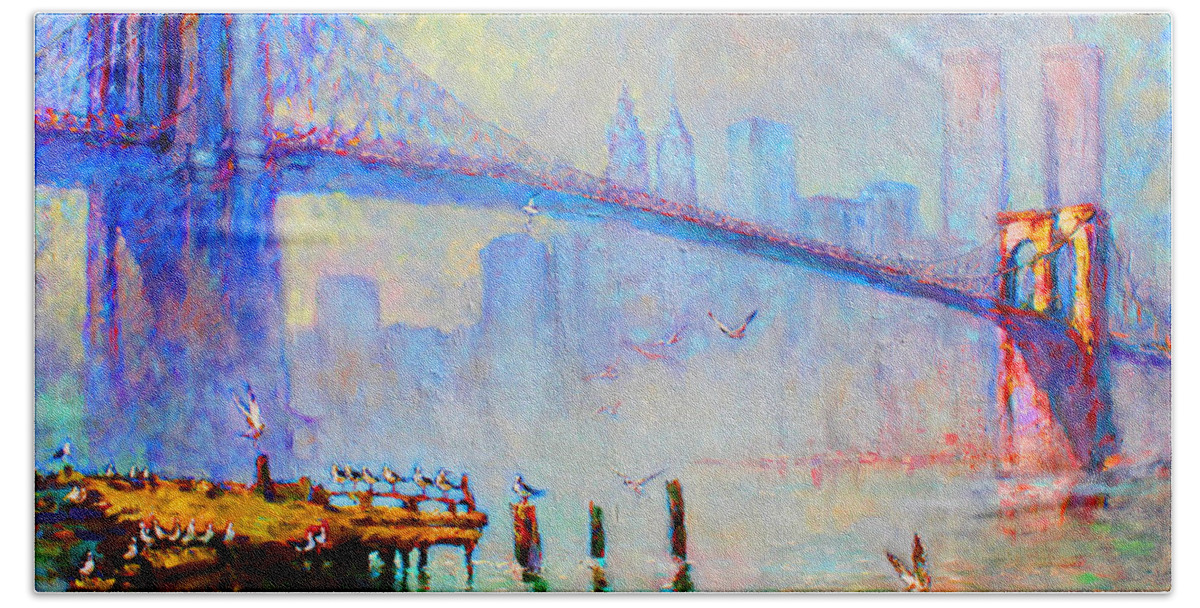 Brooklyn Bridge Hand Towel featuring the painting Brooklyn Bridge in a Foggy Morning by Ylli Haruni