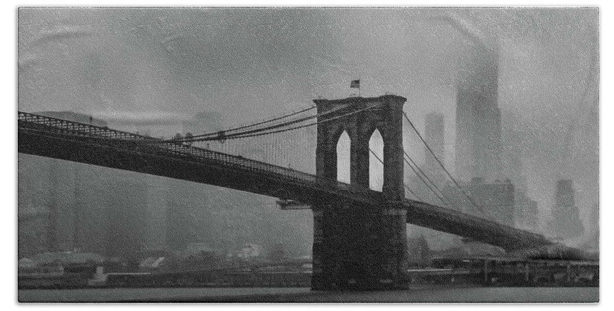 Brooklyn Bath Towel featuring the photograph Brooklyn Bridge in a Storm 2 by Adam Reinhart