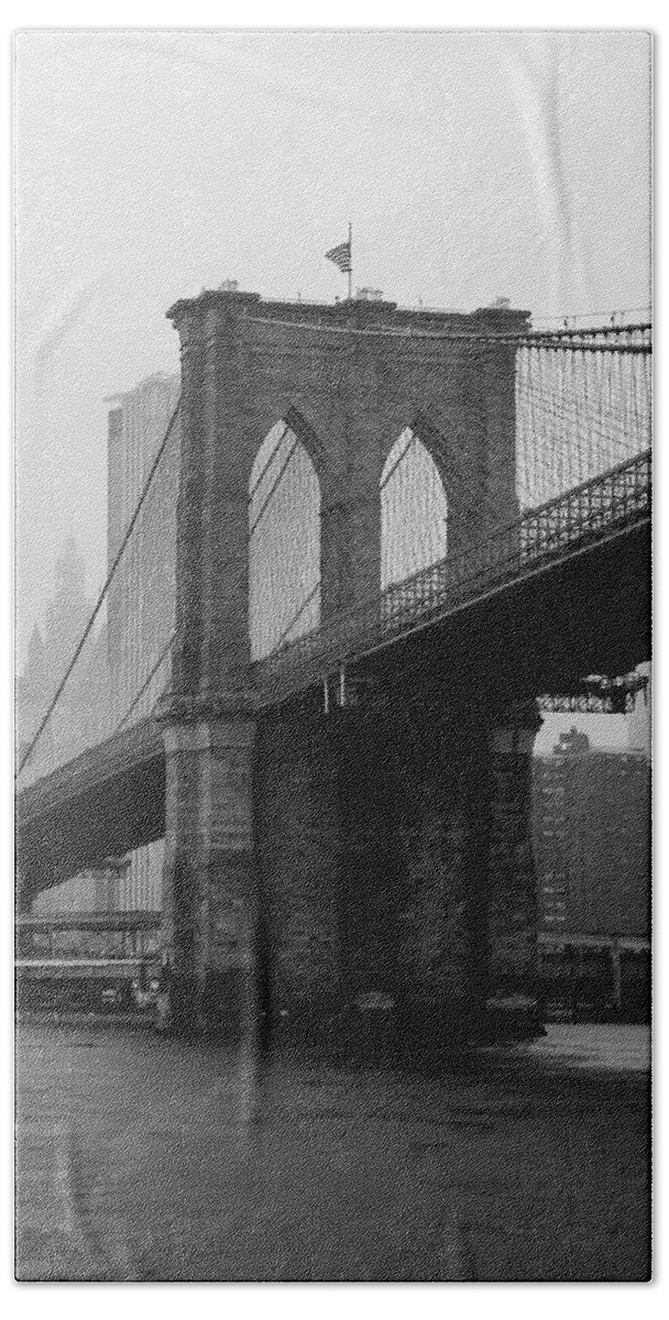 Brooklyn Hand Towel featuring the photograph Brooklyn Bridge in a Storm by Adam Reinhart