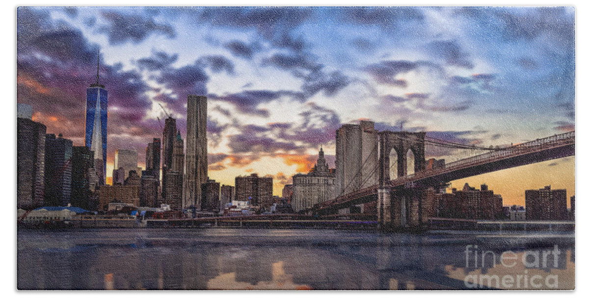 Brooklyn Bridge Hand Towel featuring the photograph Brooklyn Bridge Manhattan Sunset by Alissa Beth Photography