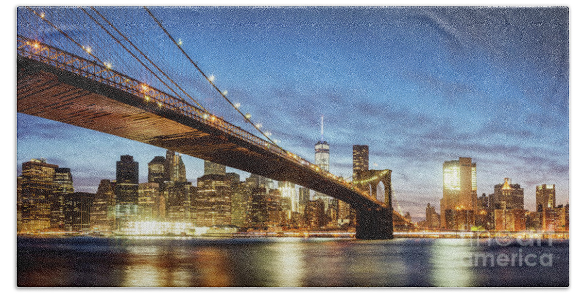 Architecture Bath Towel featuring the photograph Brooklyn bridge panoramic at night, New York, USA by Matteo Colombo