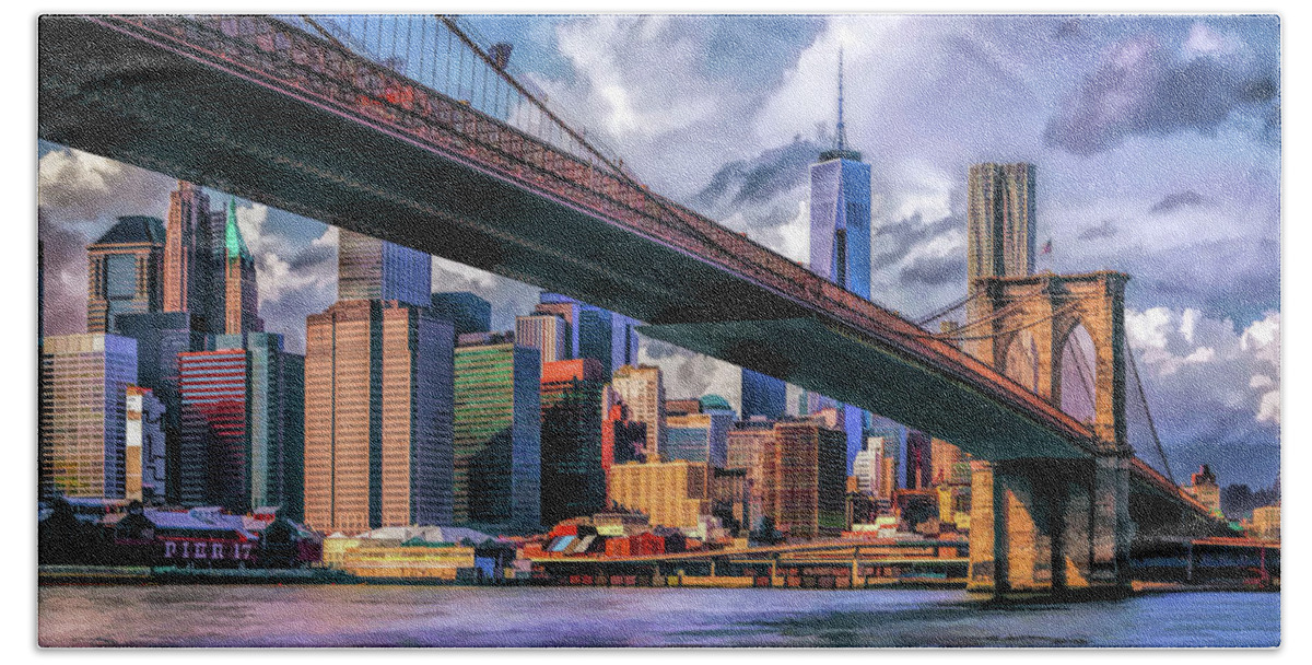 New York Bath Towel featuring the painting New York City Brooklyn Bridge Skyline by Christopher Arndt