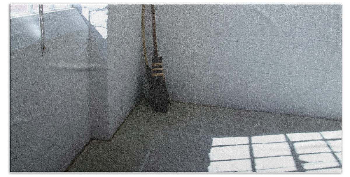 Broom Bath Towel featuring the photograph Broom in a corner. by Elena Perelman