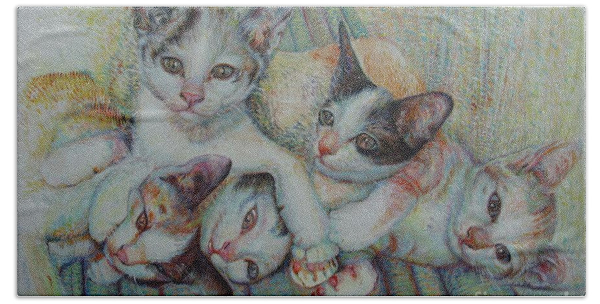 Cats Bath Towel featuring the painting Brothers and Sisters by Sukalya Chearanantana