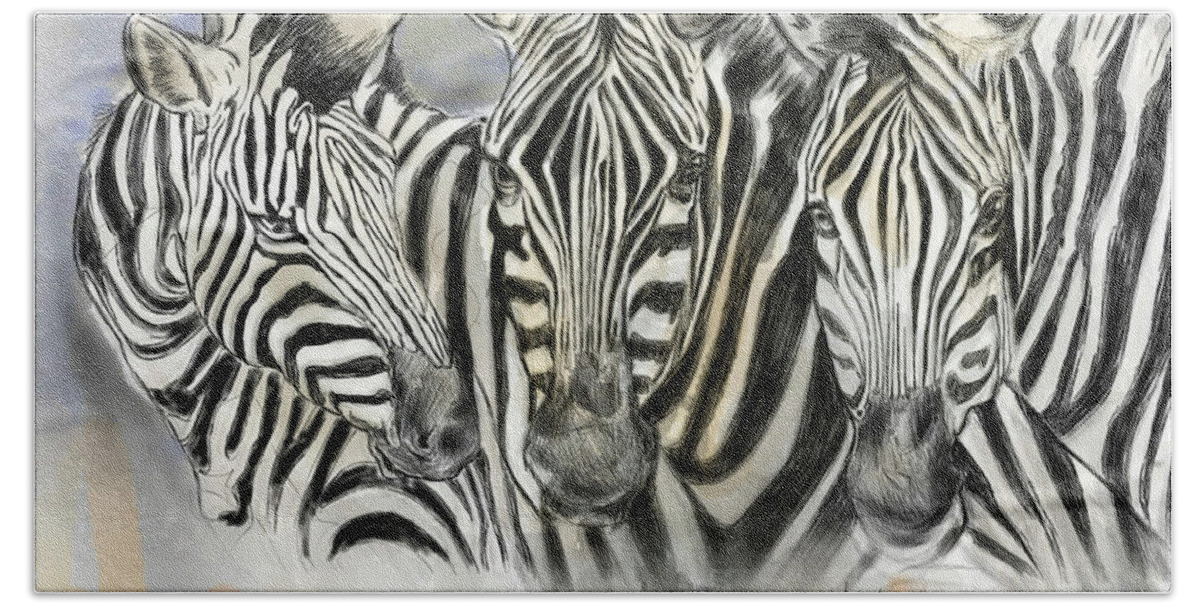Africa Hand Towel featuring the mixed media Zebra, Brothers by Mark Tonelli