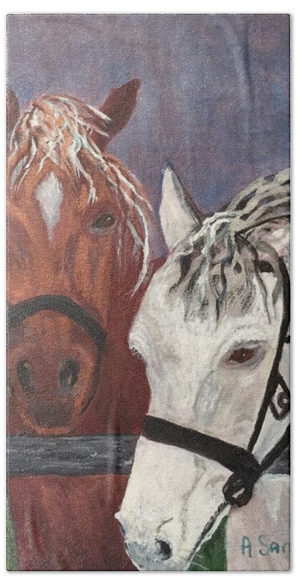 Horses Bath Towel featuring the painting Brown and White Horses by Anne Sands