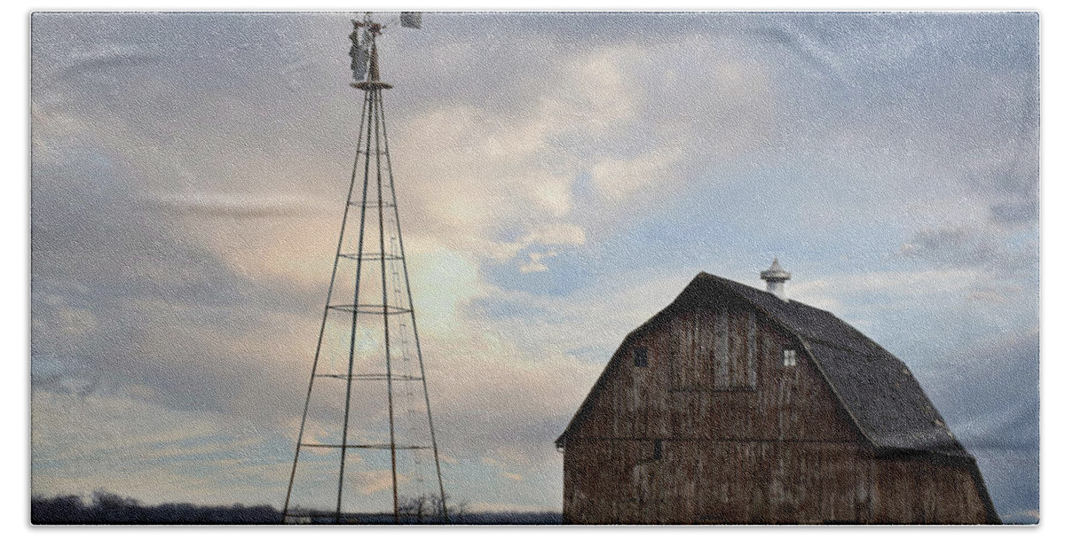 Brown Barn And Windmill Hand Towel featuring the photograph Brown Barn And Windmill by Kathy M Krause