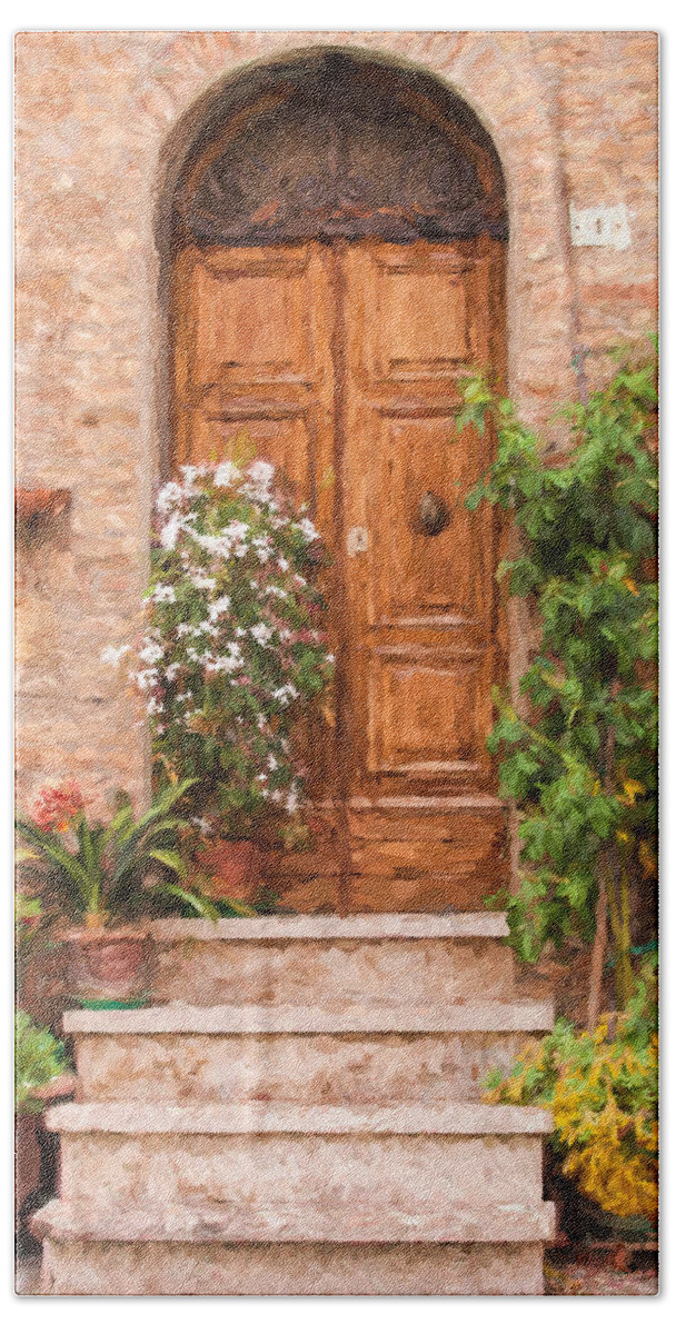Cortona Bath Towel featuring the painting Brown Door of Tuscany by David Letts