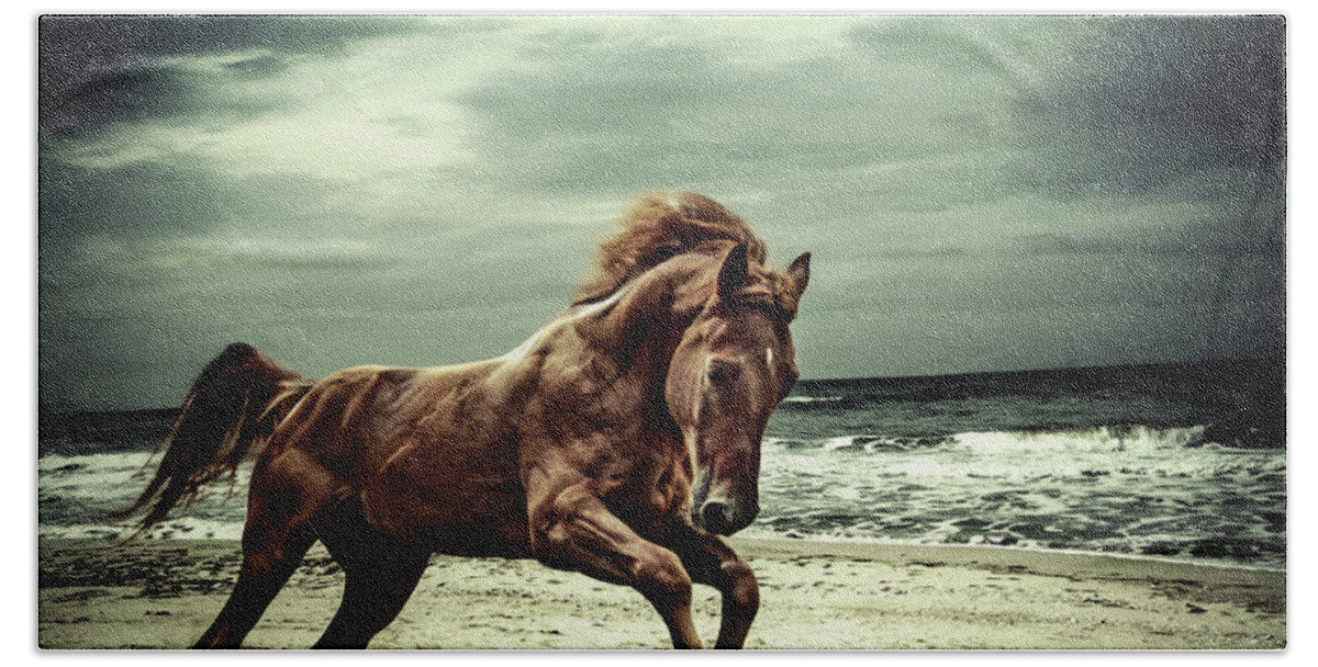 Horse Bath Towel featuring the photograph Brown horse galloping on the coastline by Dimitar Hristov