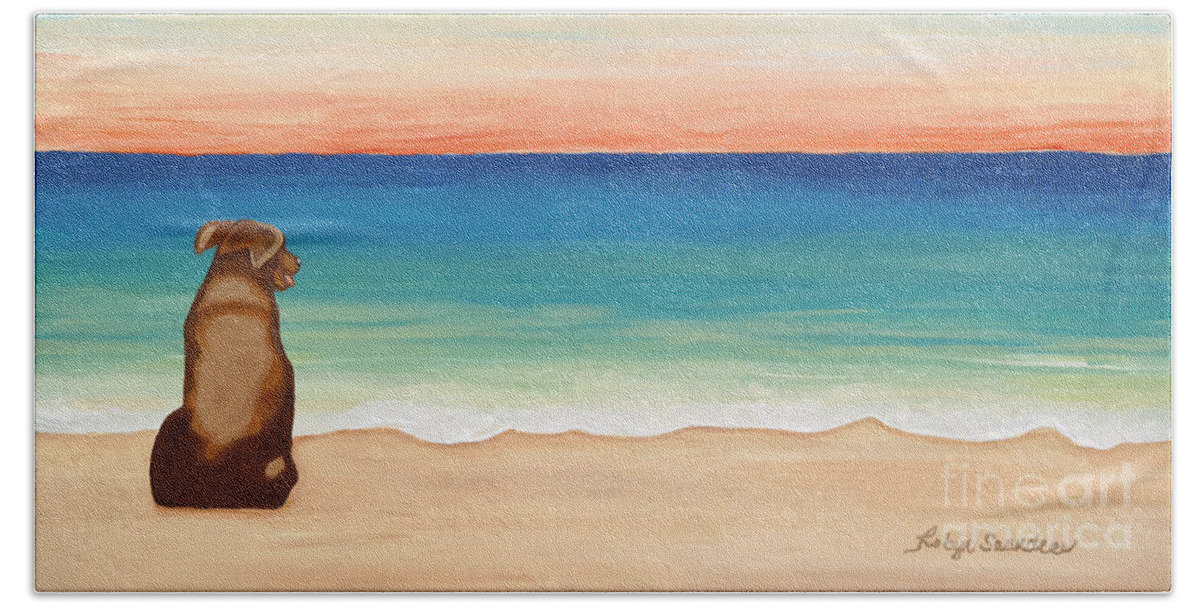 Chocolate Lab Hand Towel featuring the painting Chocolate Lab Dog on the Beach by Robyn Saunders