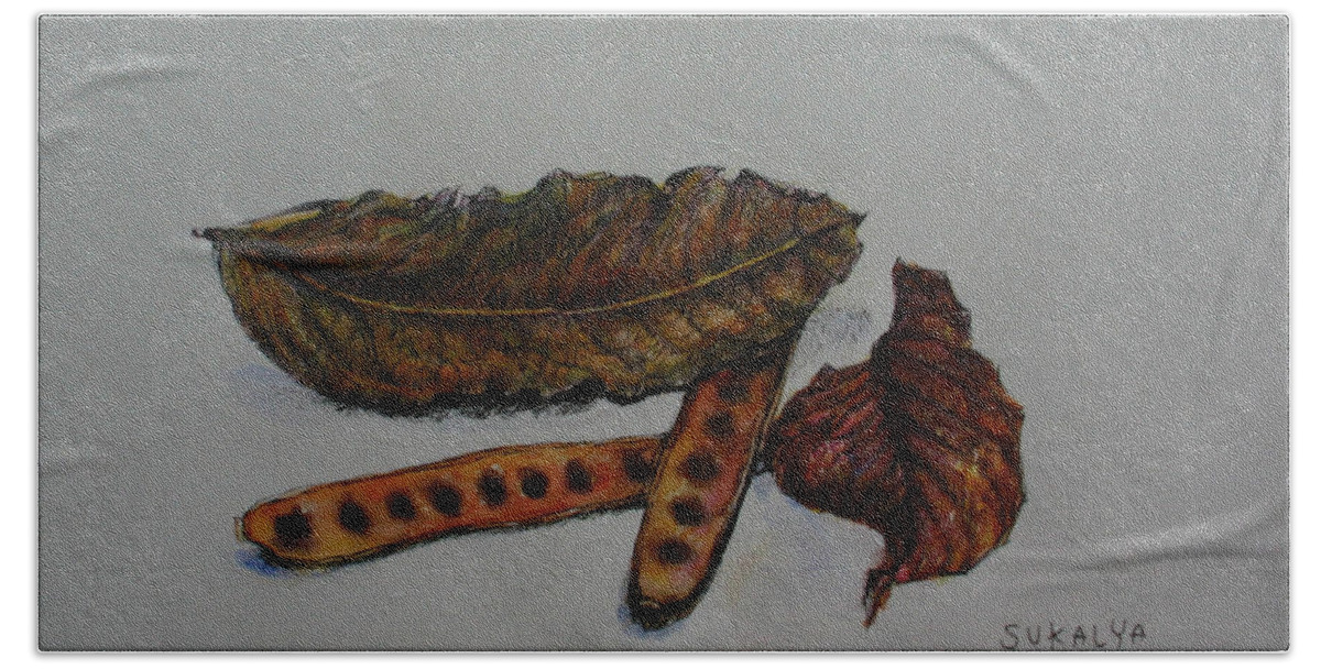 Brown Bath Towel featuring the painting Brown of Leafs and Seeds by Sukalya Chearanantana