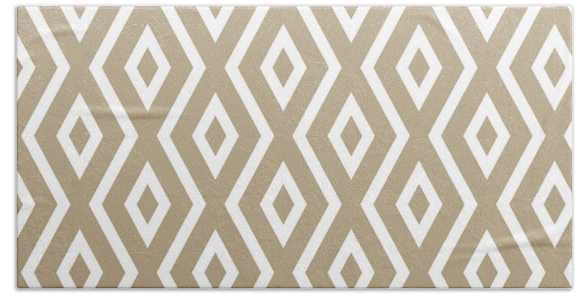 Beige Bath Towel featuring the mixed media Beige Diamond Pattern by Christina Rollo