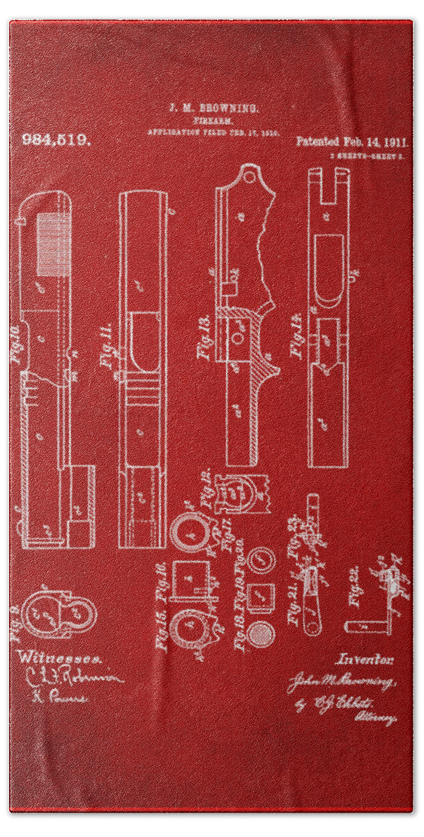 Patent Bath Towel featuring the mixed media Browning Firearm Patent Drawing 2b by Brian Reaves
