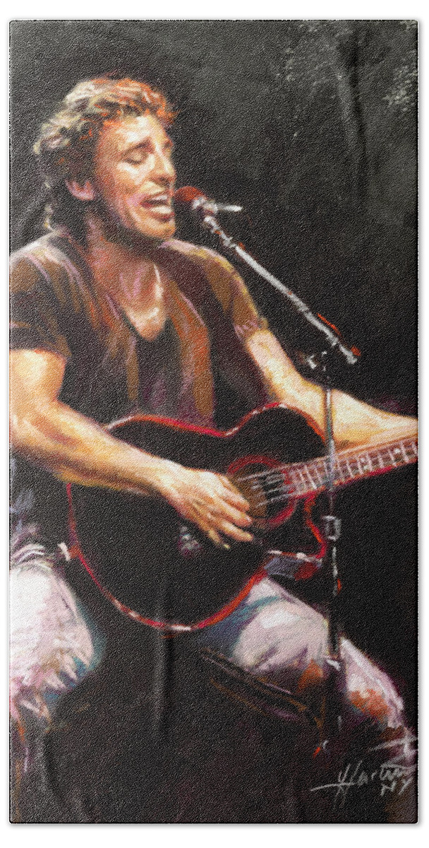 Bruce Springsteen Hand Towel featuring the pastel Bruce Springsteen by Ylli Haruni