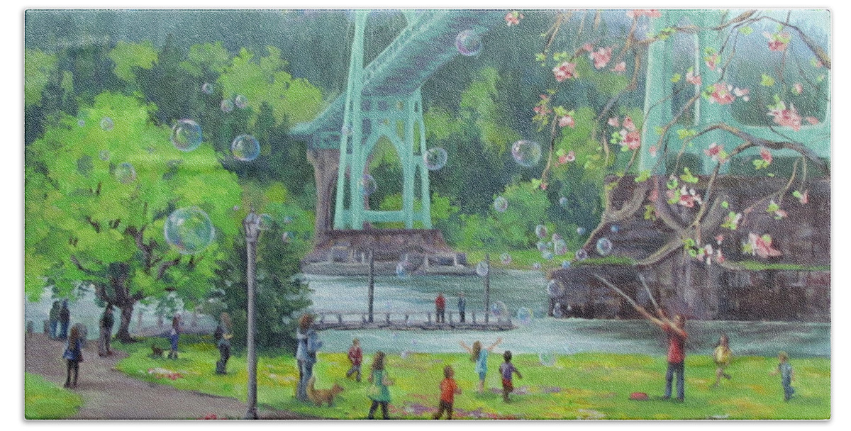 Portland Hand Towel featuring the painting Bubbly Bridge by Karen Ilari