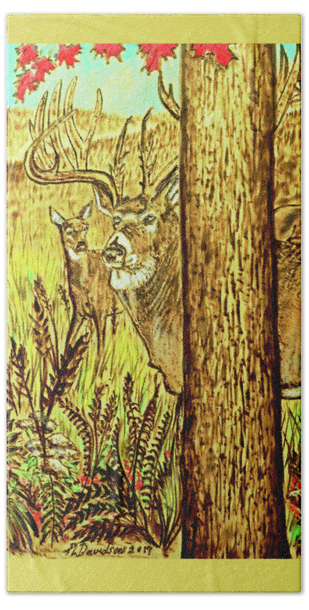 Buck Hand Towel featuring the pyrography Buck And Deer by Pat Davidson