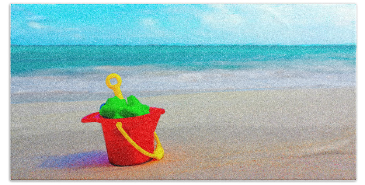 Bruce Bath Towel featuring the painting Bucket on the Beach by Bruce Nutting
