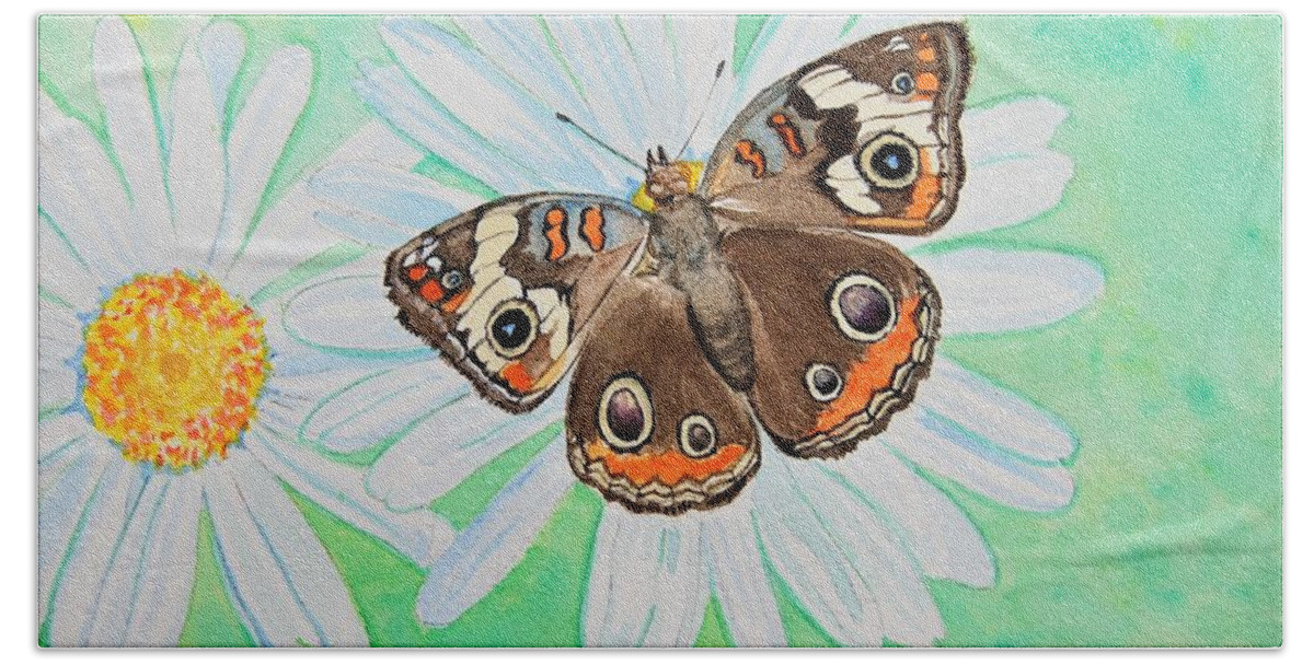 Butterfly Hand Towel featuring the painting Buckeye on Oxeye by Sonja Jones