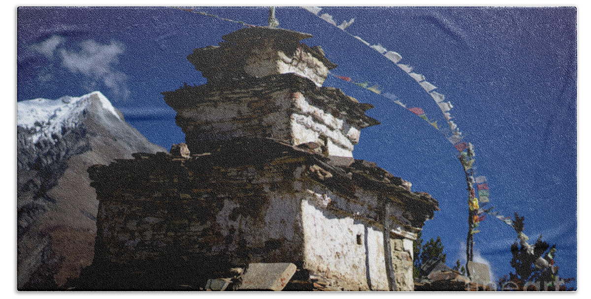 Nepal Bath Towel featuring the photograph Buddhist gompa and prayer flags in the Himalaya mountains, Nepal by Raimond Klavins