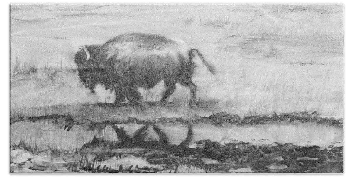 Buffalo Bath Towel featuring the painting Buffalo Reflection by Sheila Johns