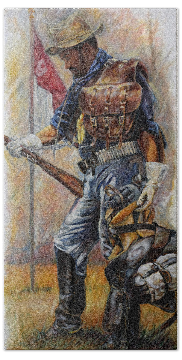 Buffalo Soldier Hand Towel featuring the painting Buffalo Soldier Outfitted by Harvie Brown