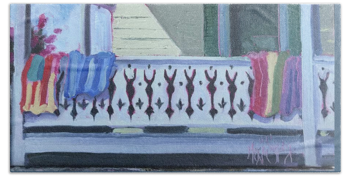 Impressionism Bath Towel featuring the painting Buffet House Rail , Ocean City by Maggii Sarfaty