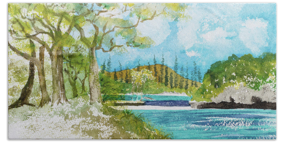 Afternoon Hand Towel featuring the painting Bugny trees at Kanumera Bay, Ile des Pins #2 by Dorothy Darden