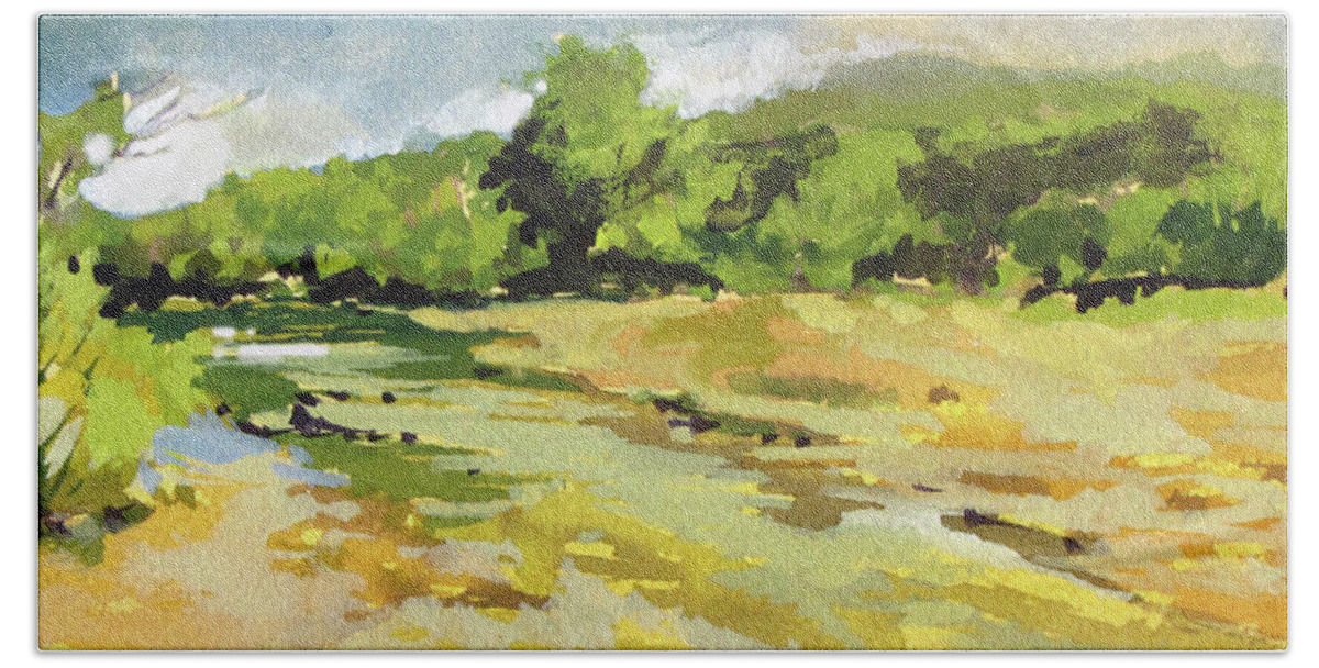 Gouache Bath Towel featuring the painting Bull Creek 3 by Rae Andrews