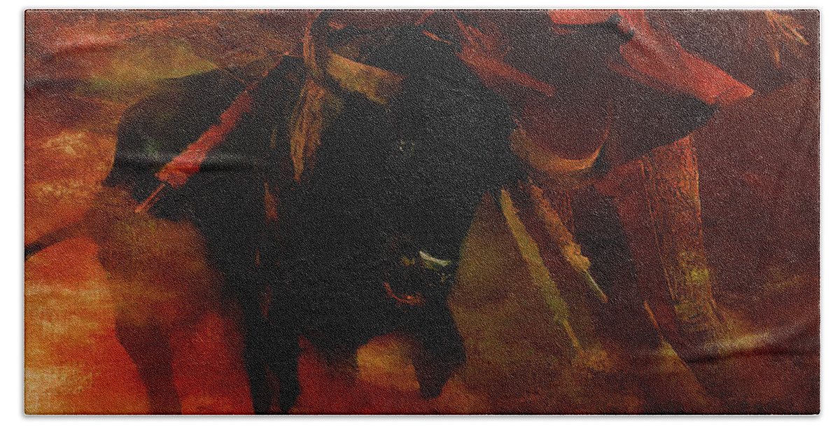 Buffalo Bath Towel featuring the painting Bull Fightiing 67U by Gull G