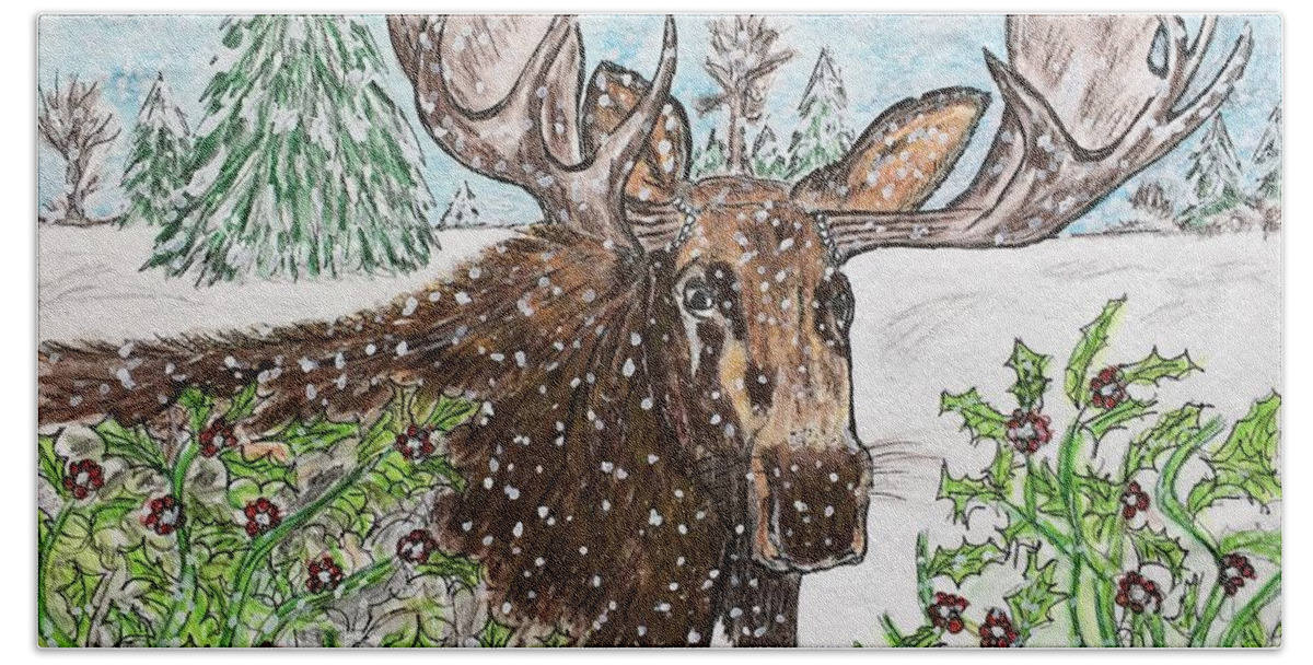 Bull Moose Bath Towel featuring the painting Bull Moose in The Wilderness by Kathy Marrs Chandler