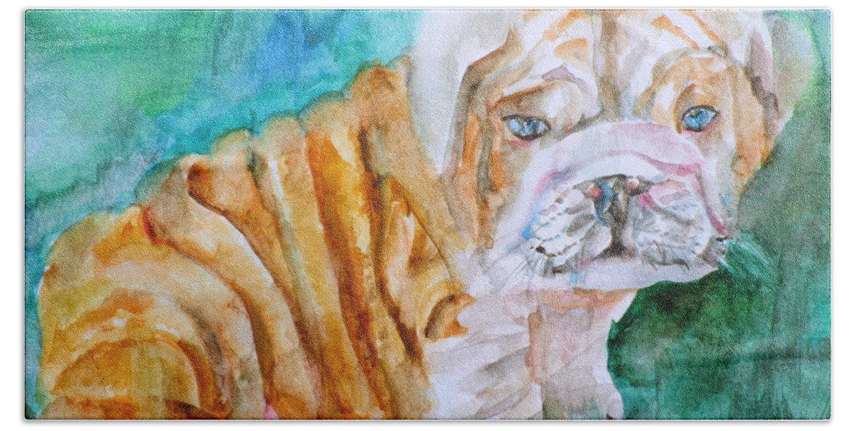 Bulldog Hand Towel featuring the painting BULLDOG CUB - watercolor portrait by Fabrizio Cassetta