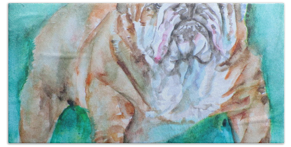 Bulldog Hand Towel featuring the painting BULLDOG - watercolor portrait.6 by Fabrizio Cassetta