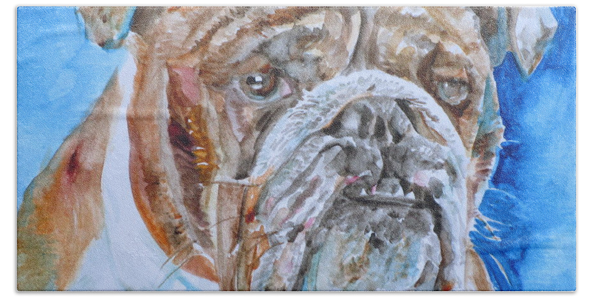 Bulldog Hand Towel featuring the painting BULLDOG - watercolor portrait.8 by Fabrizio Cassetta