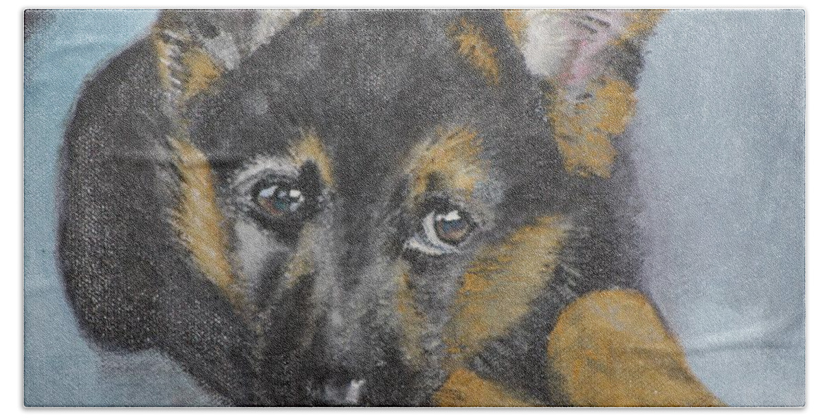 Puppy Bath Towel featuring the painting Bullet by Mike Jenkins