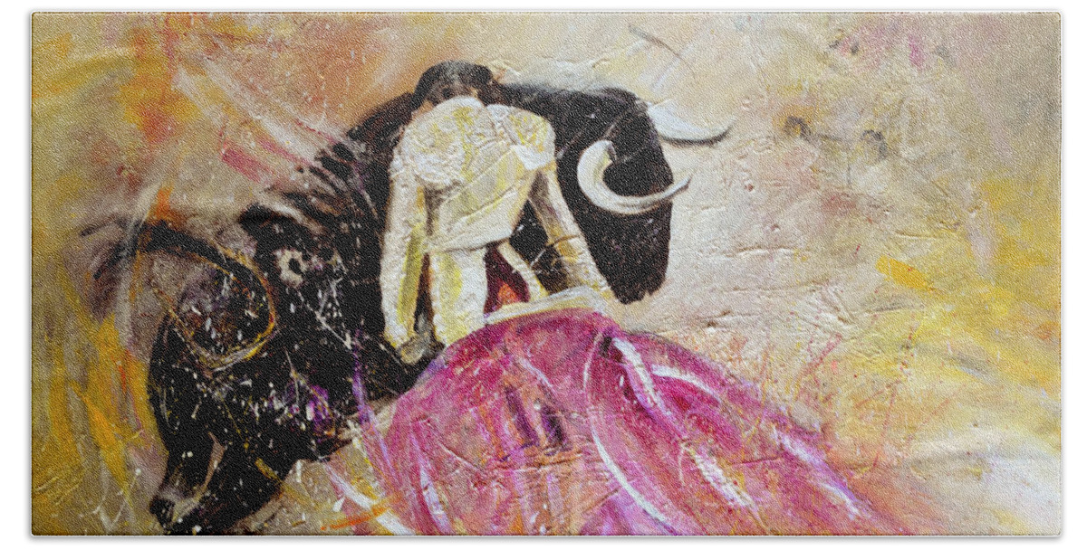 Animals Hand Towel featuring the painting Bullfight 74 by Miki De Goodaboom
