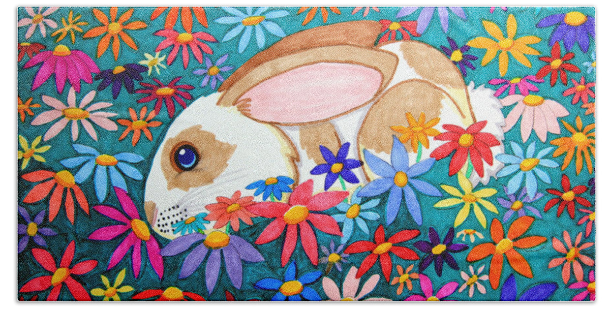 Bunny Bath Towel featuring the drawing Bunny and flowers by Nick Gustafson