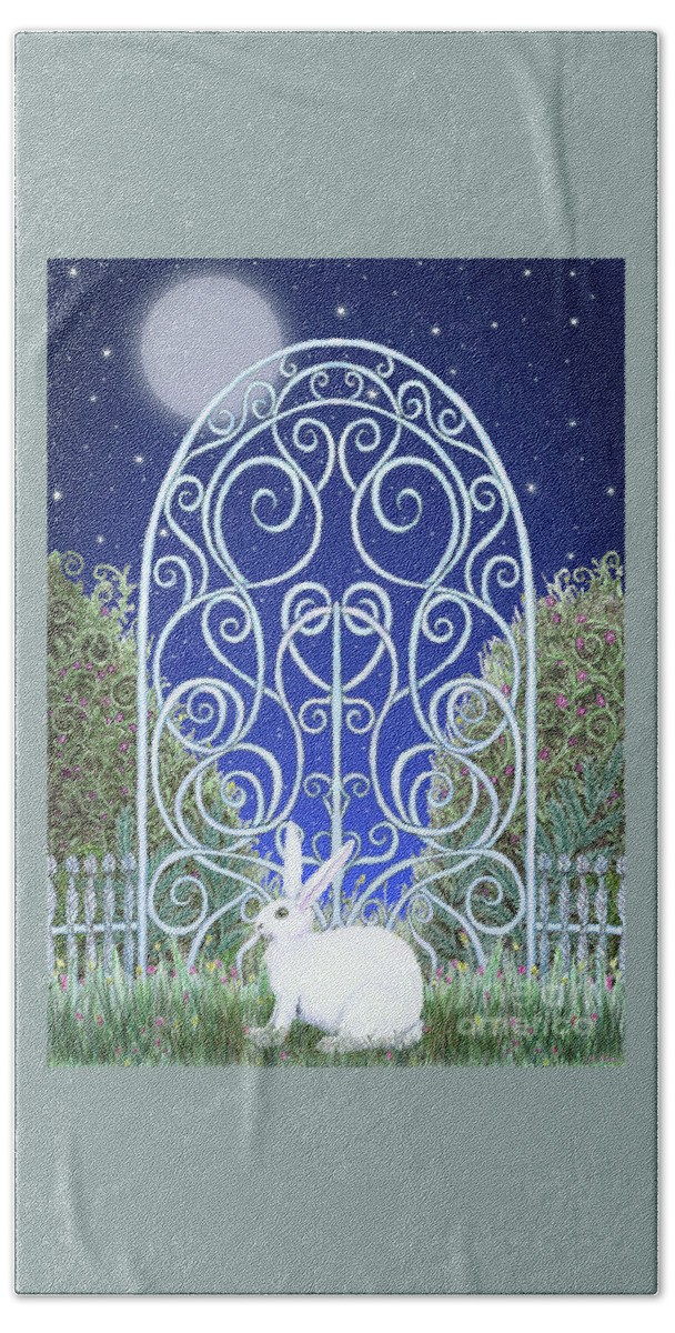 Lise Winne Bath Towel featuring the mixed media Bunny, Gate and Moon by Lise Winne